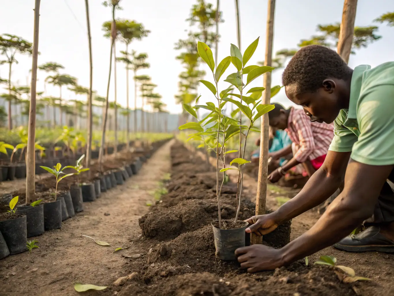 An image of volunteers planting native trees in a historic garden, with tools and greenery around, representing ACADJ's conservation and preservation initiatives.