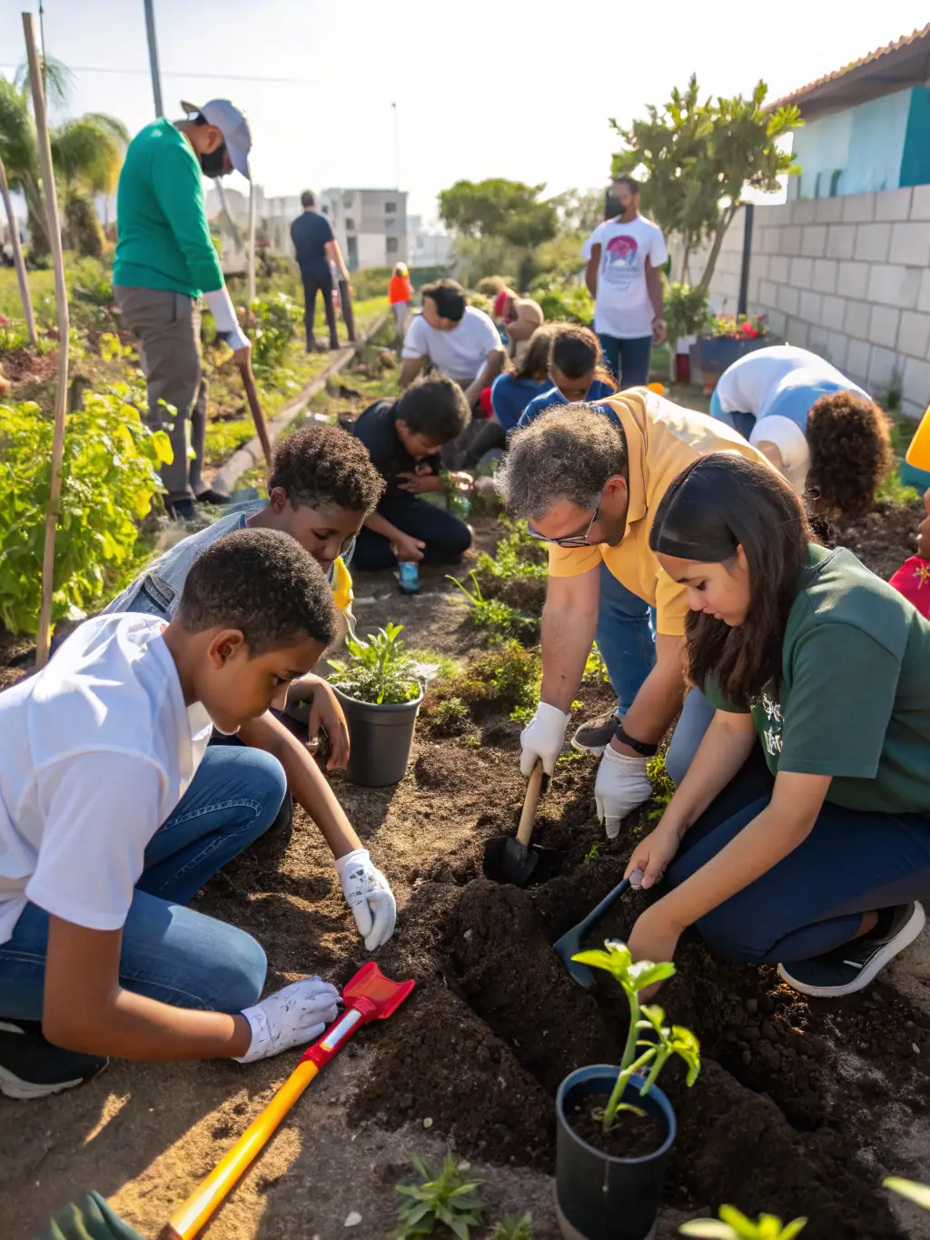 A photograph of participants actively engaged in a gardening workshop, focusing on planting native flowers, with a knowledgeable instructor guiding them.