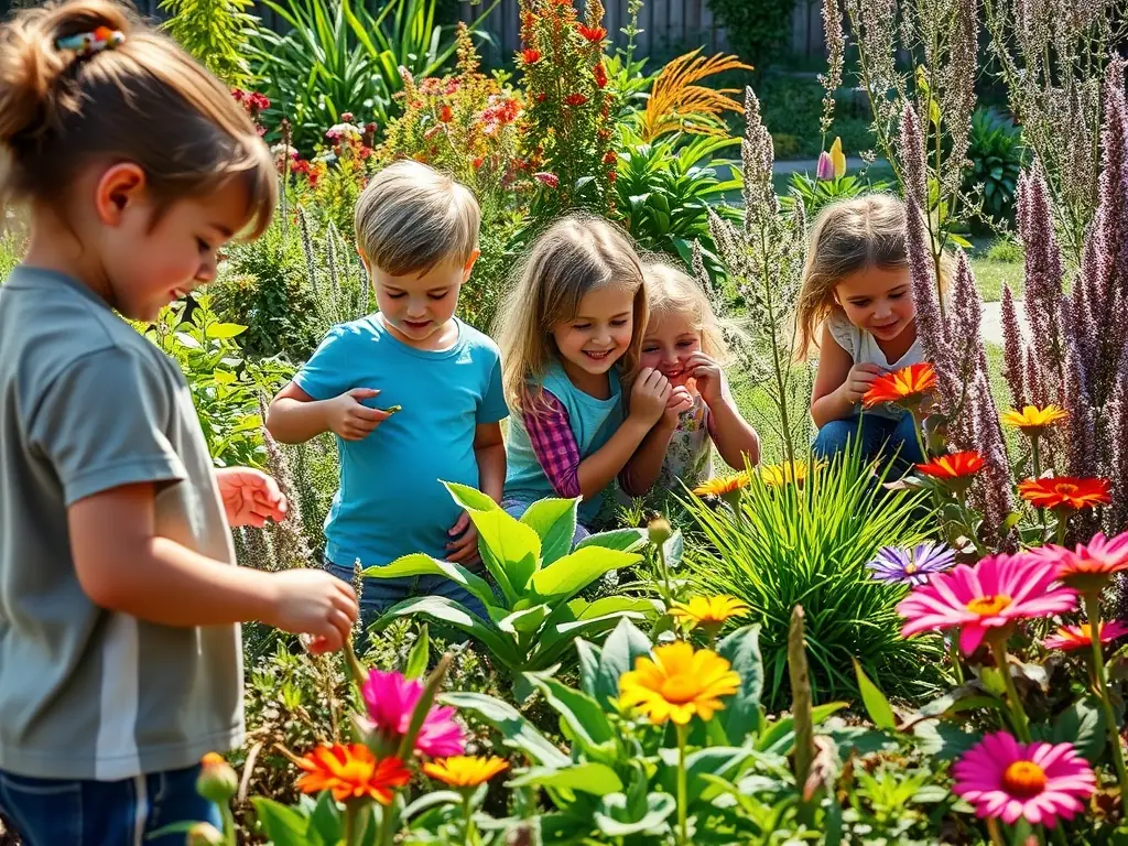 A vibrant image of children and adults participating in a guided garden tour, with lush greenery and informative signage, showcasing ACADJ's educational workshops and tours.