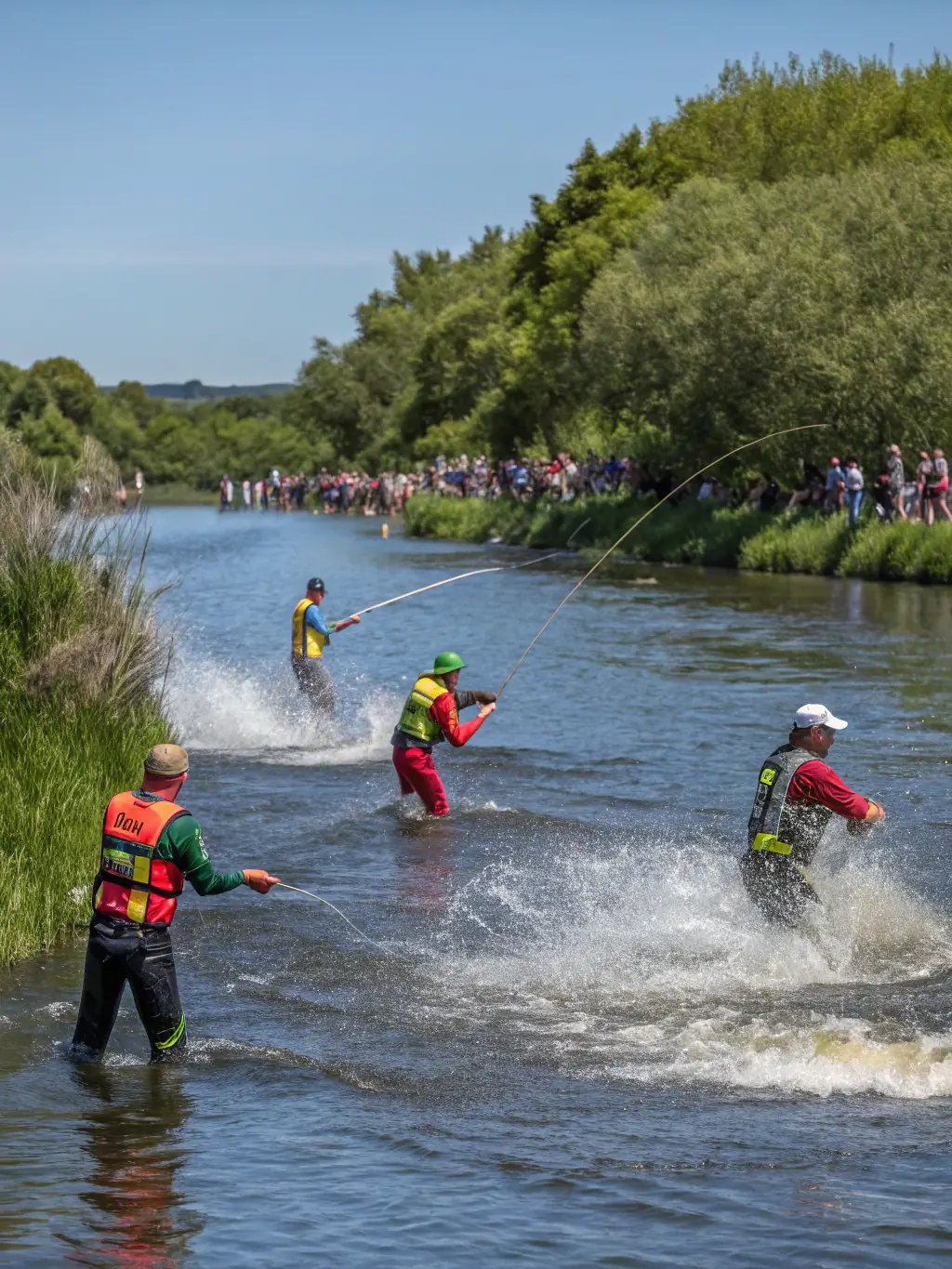 A photograph of anglers participating in a fishing competition on a sunny day, showcasing the excitement and camaraderie of the event.