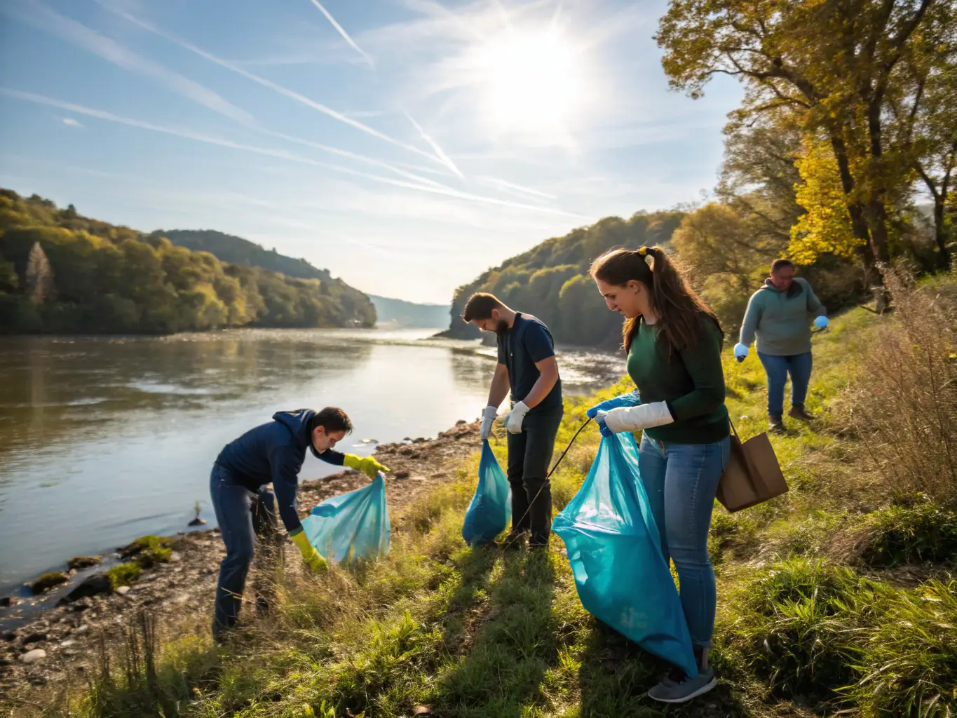 A picturesque river scene with volunteers participating in a waterway cleanup, showcasing SPE's commitment to environmental stewardship.