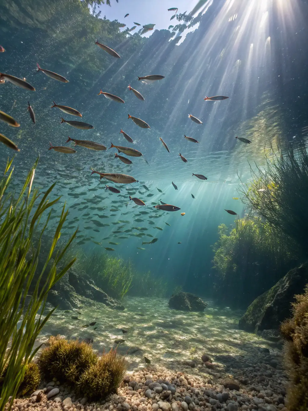 A close-up shot of a waterway being restocked with fish, highlighting the club's efforts to enhance local fish populations.