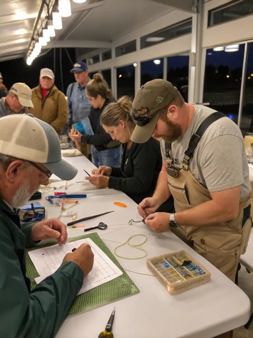 A photo of club members teaching children about responsible fishing practices at a community event.