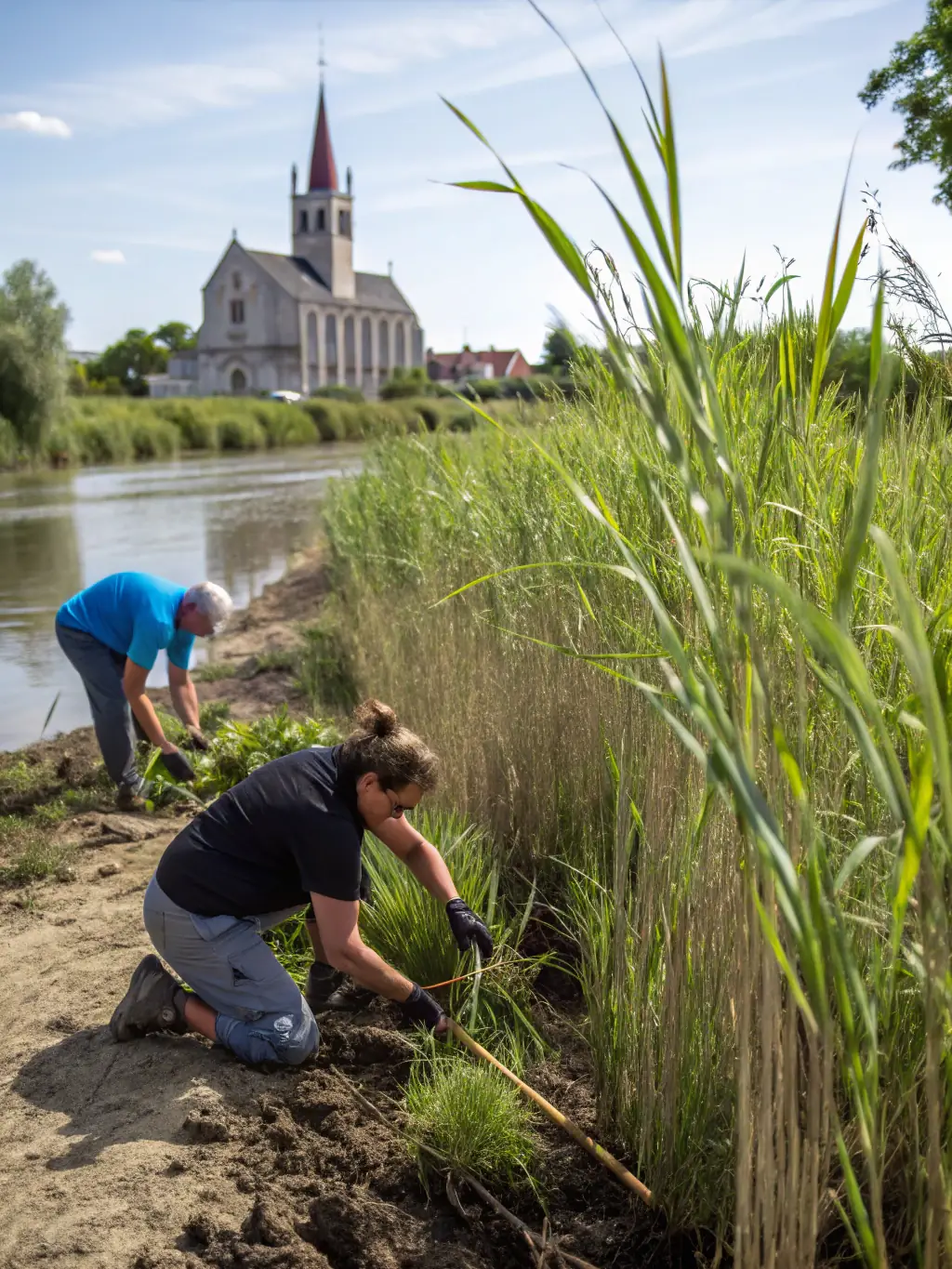 A group of volunteers planting vegetation along a riverbank, illustrating a conservation workshop focused on habitat restoration.