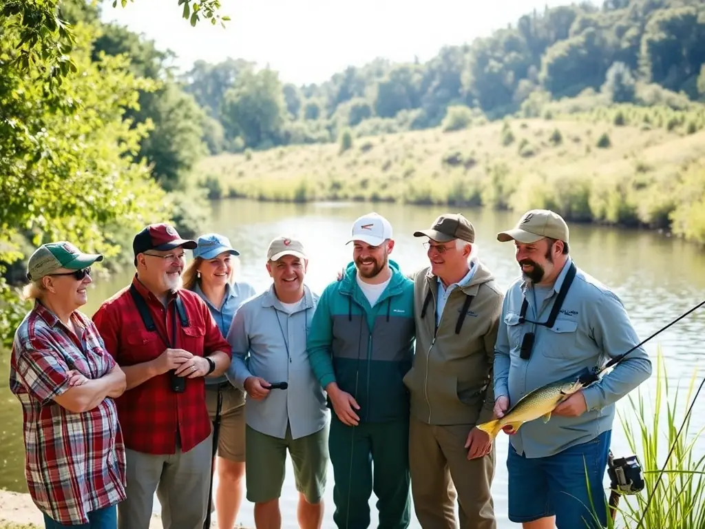 A photo of club members releasing fish into a local river as part of a restocking program, emphasizing the importance of biodiversity.