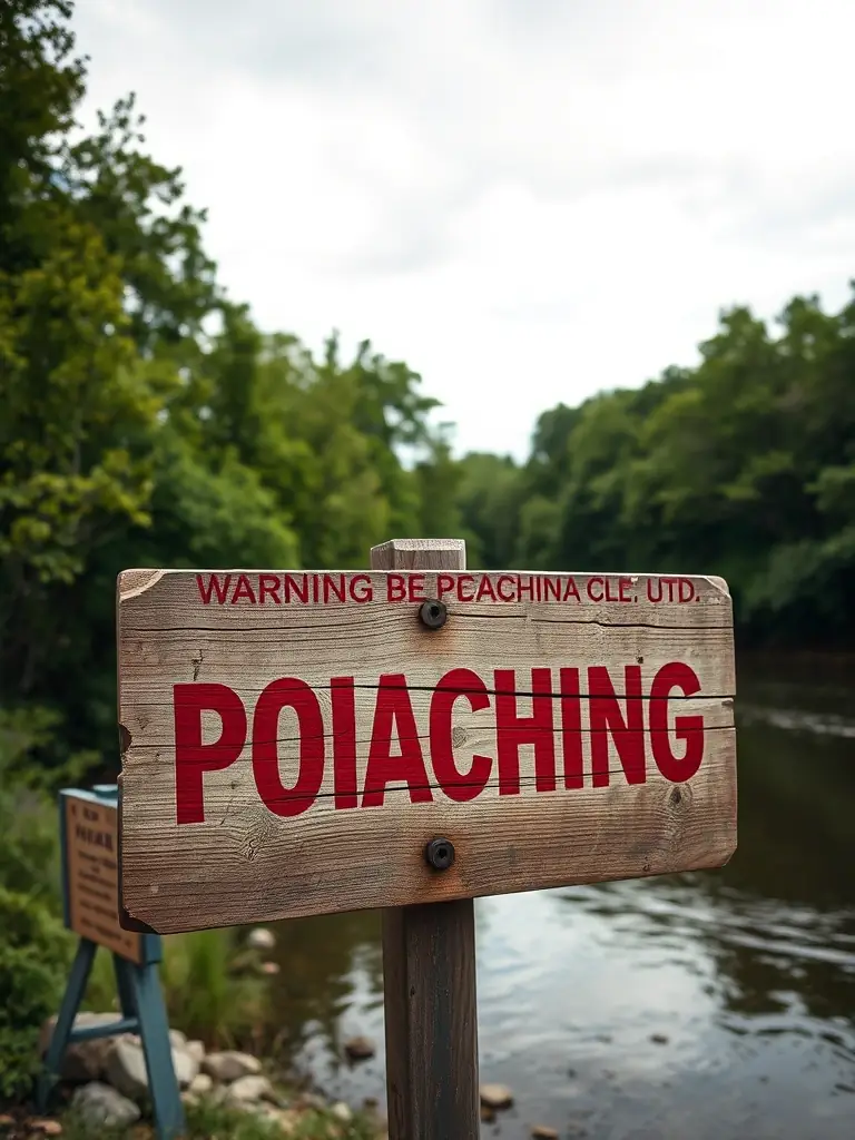 A photo depicting a sign warning against poaching, placed near a popular fishing spot.