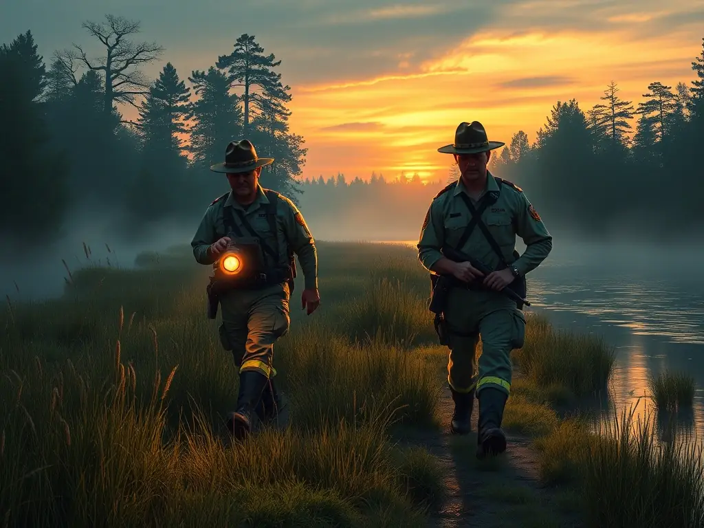 A dynamic image of wardens patrolling a riverbank at dawn, representing the anti-poaching efforts of SOCIETE DE PECHE L'ETINCELANTE.