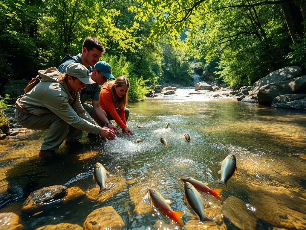 A serene image of volunteers releasing juvenile fish into a clear, flowing river, symbolizing the fish restocking program of SOCIETE DE PECHE L'ETINCELANTE.