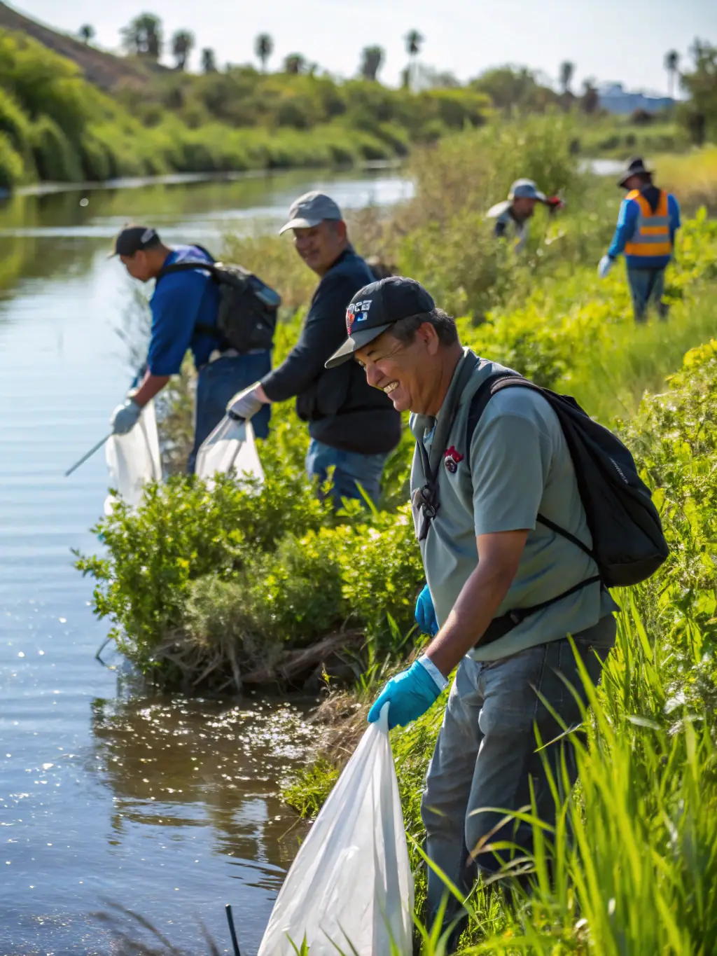 A photograph of volunteers releasing young trout into a clear, flowing river, showcasing the club's fish restocking program.