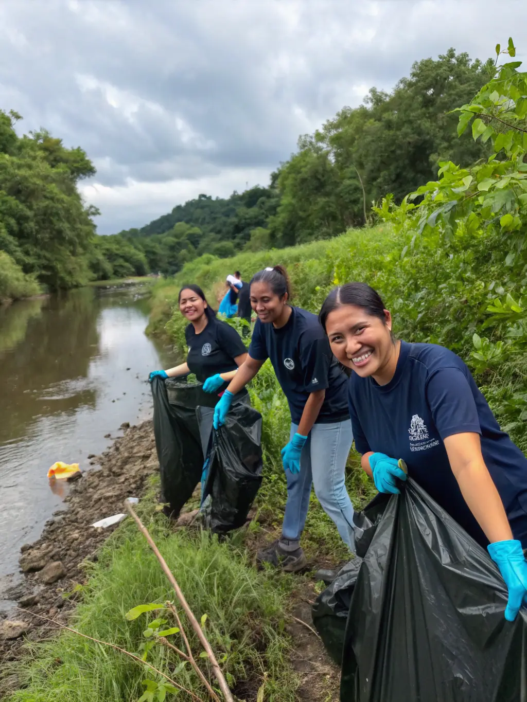 A group of club members participating in a river cleanup, removing debris and restoring the natural habitat.
