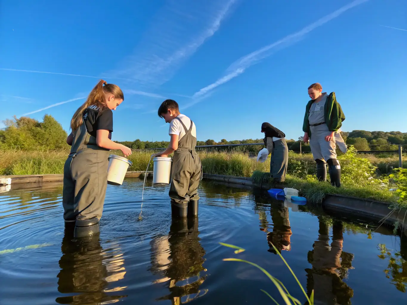 A photograph of club members monitoring water quality and fish populations in a local river, showcasing the monitoring program of SOCIETE DE PECHE L'ETINCELANTE.