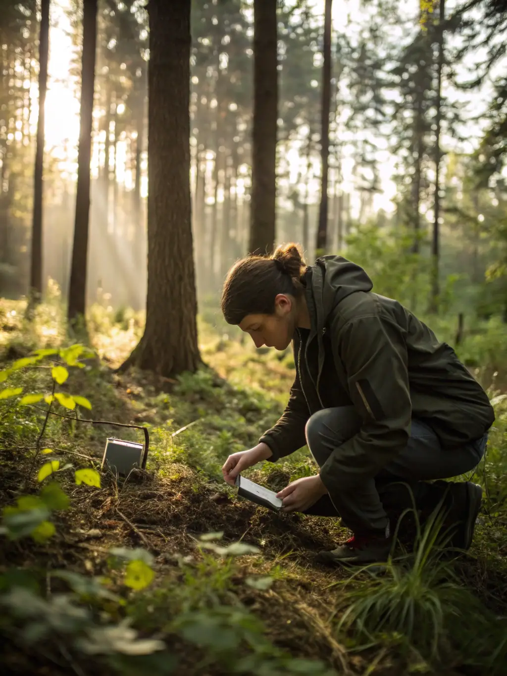 An image of a club member monitoring water quality in a local stream, using scientific equipment.